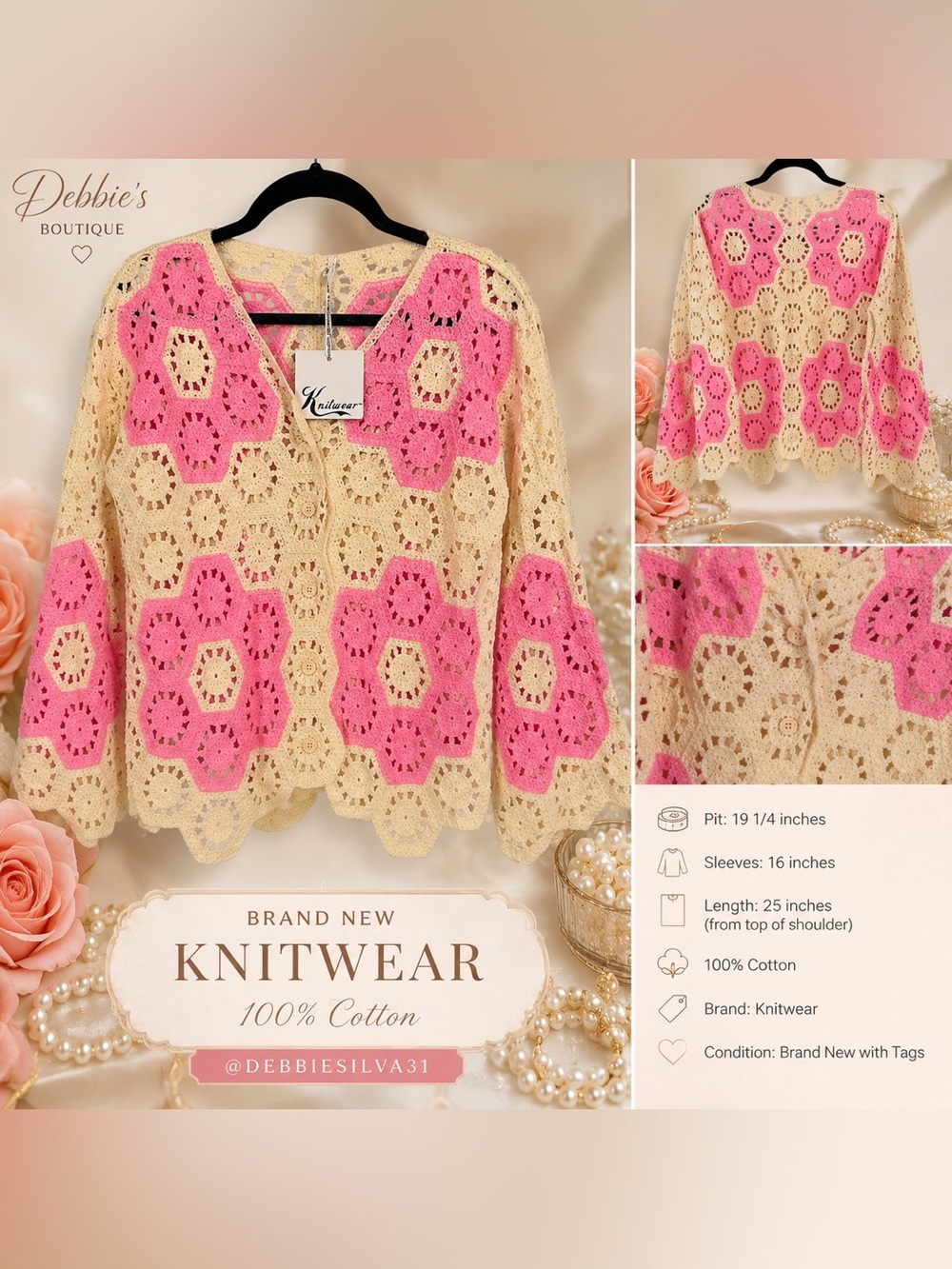 NWT Knitwear 100% Cotton Pink Cream Crochet Cardigan Boho One Size - Picture 2 of 5